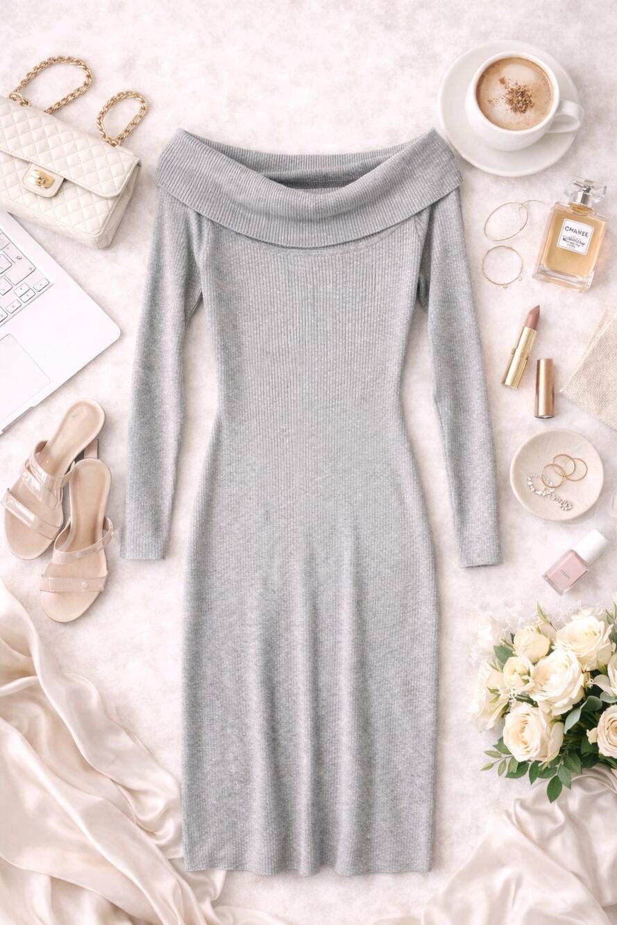 NWOT Abercrombie & Fitch Women’s Off Shoulder Ribbed Knit Midi Dress Gray Size L